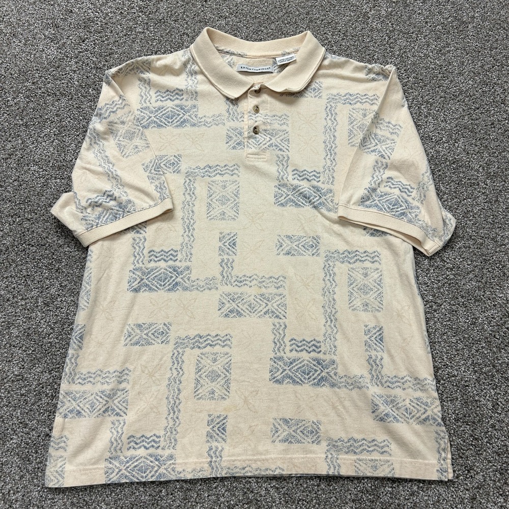 Knightsbridge Polo Shirt Mens L Beige Geometric Jersey Short Sleeve Casual